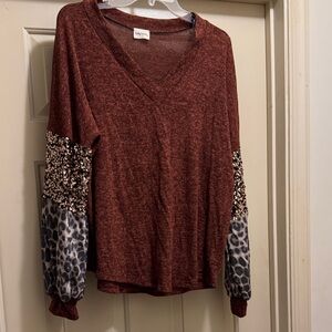 Lovely Melody Brown/Rust Top with Leopard Print and Sequin Sleeves